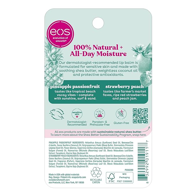eos 100% Natural Lip Balm - Strawberry Peach and Pineapple Passionfruit, Dermatologist Recommended, All-Day Moisture, 0.14 oz, 2 Pack