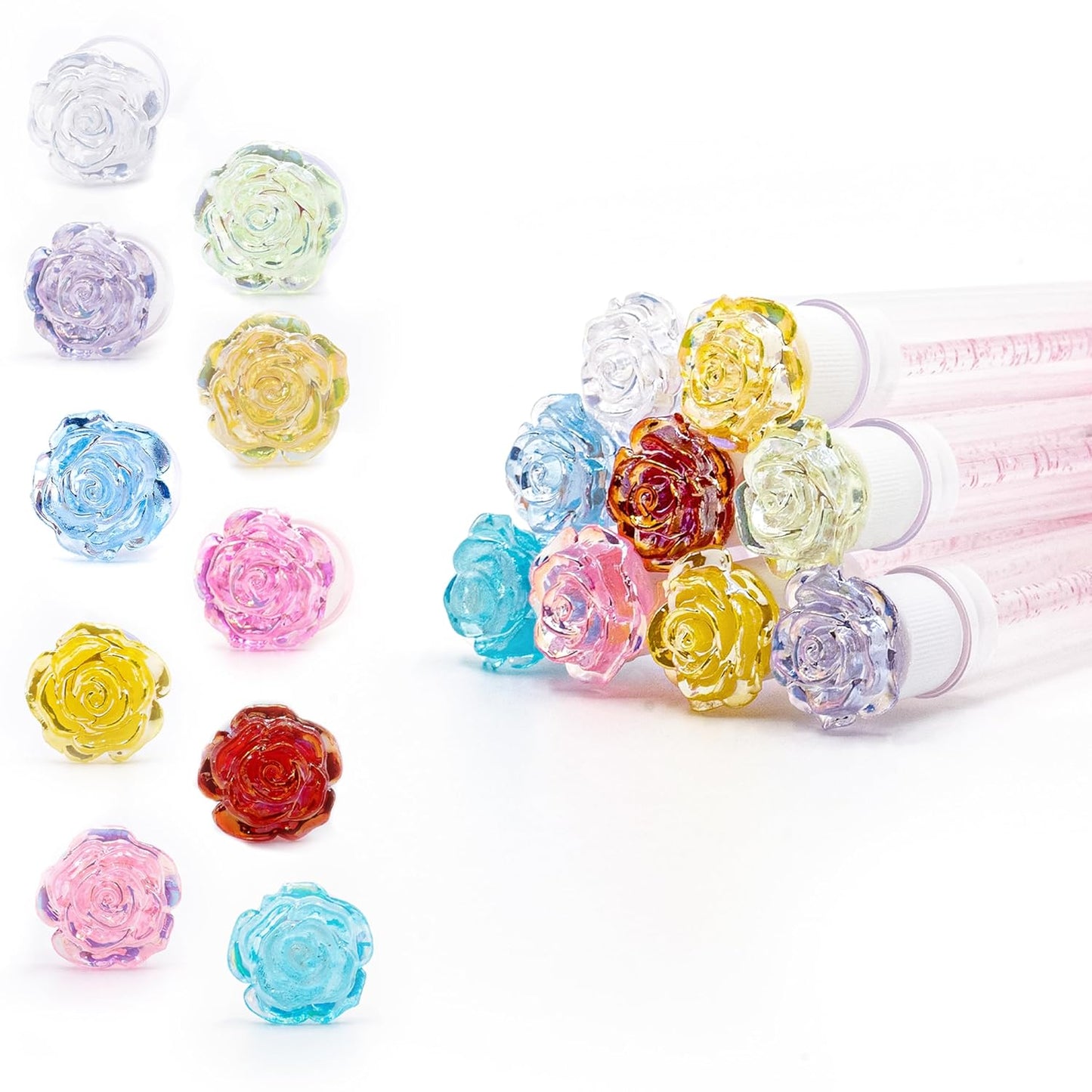 i-Laesh 10Pcs Diamond Disposable Mascara Wands with Tube - Spoolies for Eyelash Extensions, Cleaning & Brow Makeup - Multi-Color Applicator Set (3D Rose)