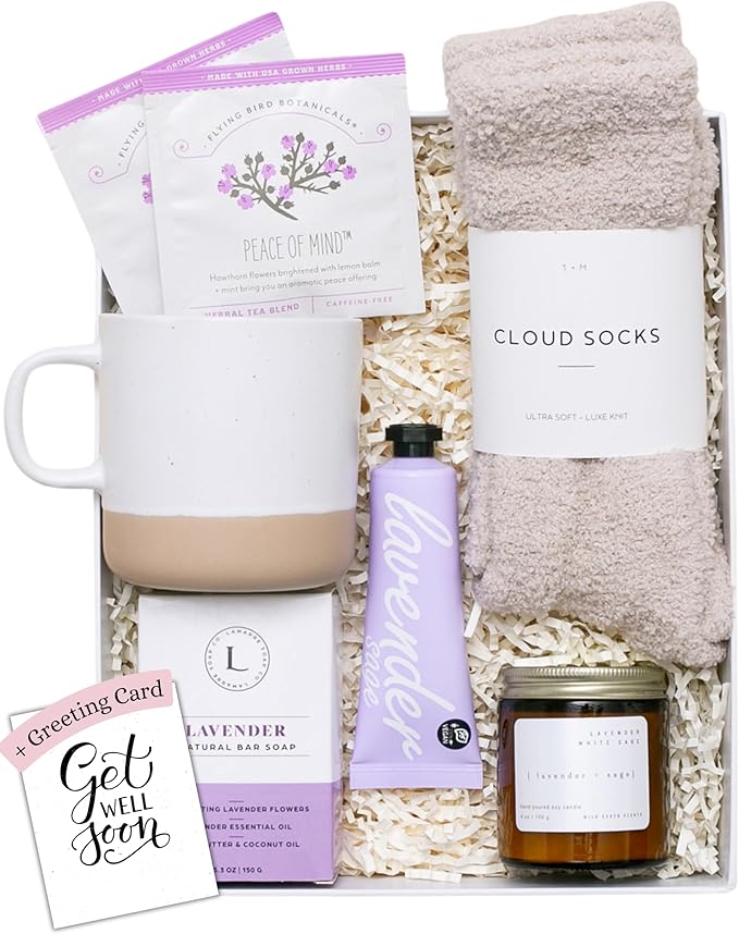 Unboxme Lavender Spa Gift Set - Relaxation Gifts For Women - Get Well Soon Gift Basket with Scented Candle, Bath Bomb, Soap ("Get Well Soon" Greeting Card, Classic Lavender Collection)