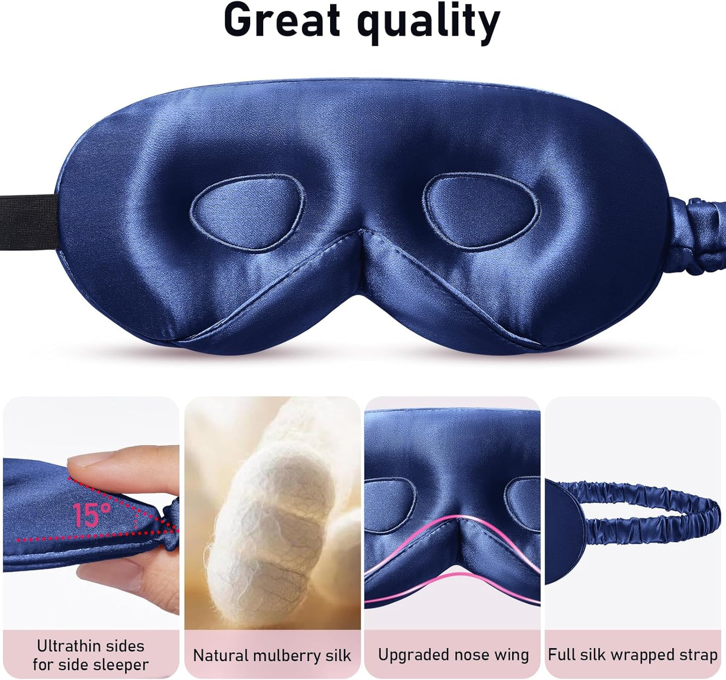 LitBear 100% 22 Momme Mulberry Silk Sleep Mask - 3D Contoured Eye Mask for Men Women, Soft Breathable Sleeping Mask with Adjustable Strap, Perfect Blocks Light for Sleeping (Midnight Blue)