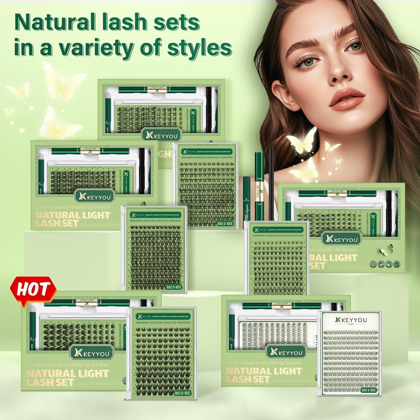 KEYYOU Natural Lash Clusters Kit 144Pcs DIY Lash Extension Kit Wispy Eyelash Extensions Kit D Curl 10-12MIX with Bond and Seal and tweezers with Thin Lash Band(KIT-N05-D-10-12MIX)