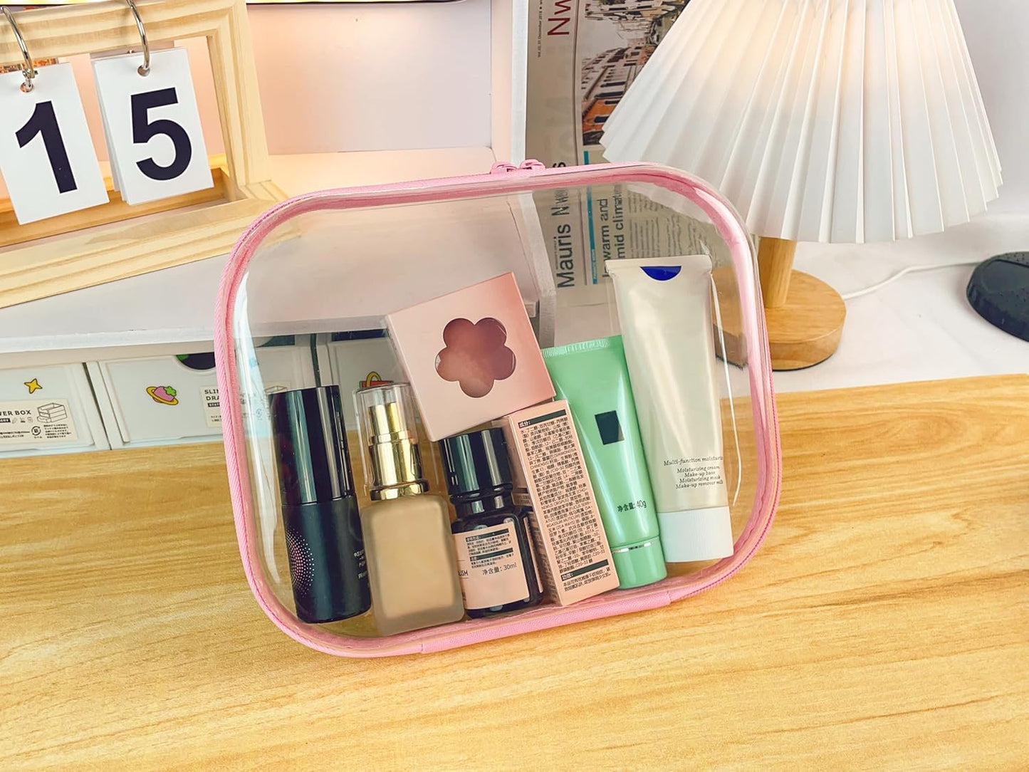 3PCS Clear Zipper Cases, Portable Clear Organizer Pouches for Travel, Double Zippered Hard Shell Plastic Case, Cosmetic Bag for Make Up Tools, Toiletries, Toy Storage (Pink, 1 Pack)