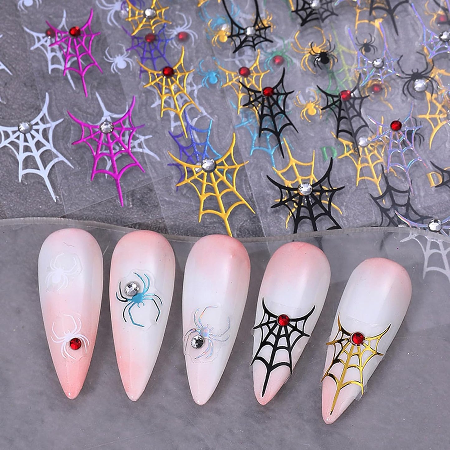 Halloween Nail Art Stickers Decals 4PCS Golden Spider Web Spider Nail Decals with Rhinestone White Red Crystal Spider Web Spider Nail Stickers Bow Heart Halloween Nail Art Supplies for Women Manicure