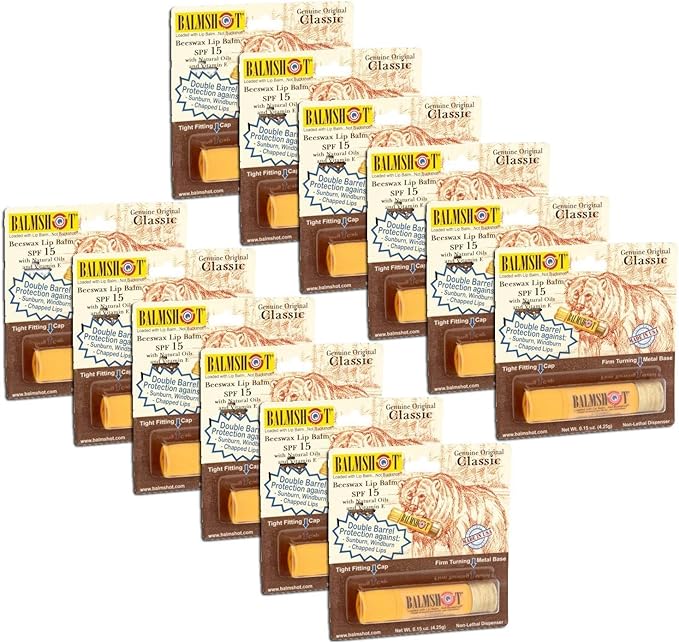 Pack of 12 - Balmshot Genuine Original Classic Beeswax Lip Balm, SPF 15, 0.15 oz