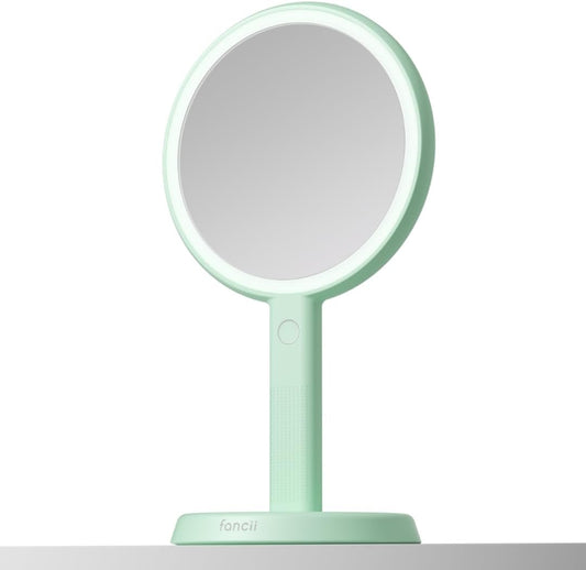Fancii Cami Handheld Travel Makeup Mirror with Lights, Rechargeable, Extra Large, Double Sided 5X / 1X Magnifying Mirror - 3 Color Lighting, Handheld or Vanity (Pistachio)