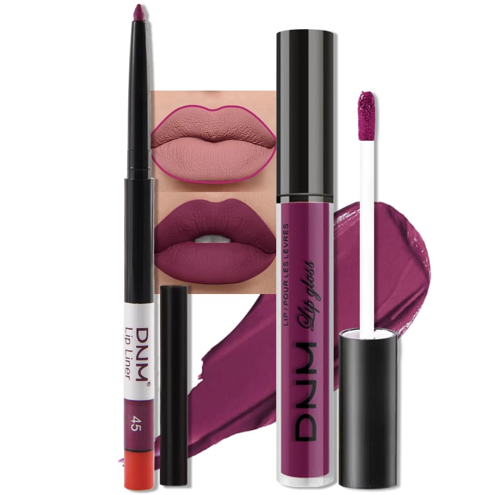 evpct 2Pcs Light Plum Purple Matte Liquid Lipstick Lip Gloss Stain and Retractable Lip Liner Makeup Set for Women Long Lasting Waterproof 24 Hours Lipstick labial mate larga duracion 24 45#