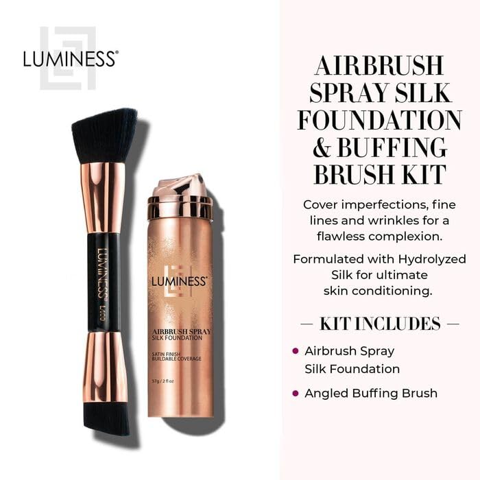 LUMINESS Silk Airbrush Spray Foundation & Buffing Brush Kit – Full Coverage Foundation & Dual-Sided Buffing Brush - Buildable Coverage, Anti-Aging Formula Hydrates & Moisturizes (Shade - Rich)
