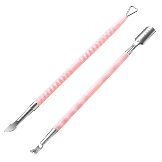 Makartt Cuticle Pushers, 2Pcs Stainless Steel Dual Ended Cuticle Remover with Spoon Pusher, Cutter, Scraper & Dead Skin Fork, Pink Manicure Pedicure Nail Care Kit