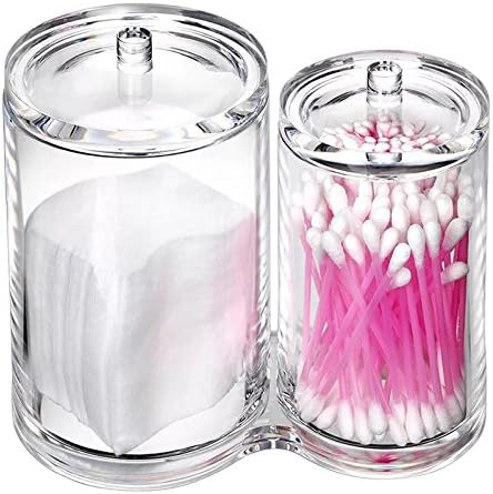 Hipiwe Clear Acrylic Cotton Swab Holder Preminm Quality Round Container Cotton Pad Q-tip Organize Case for Make Up Brush Clear Apothecary Jar