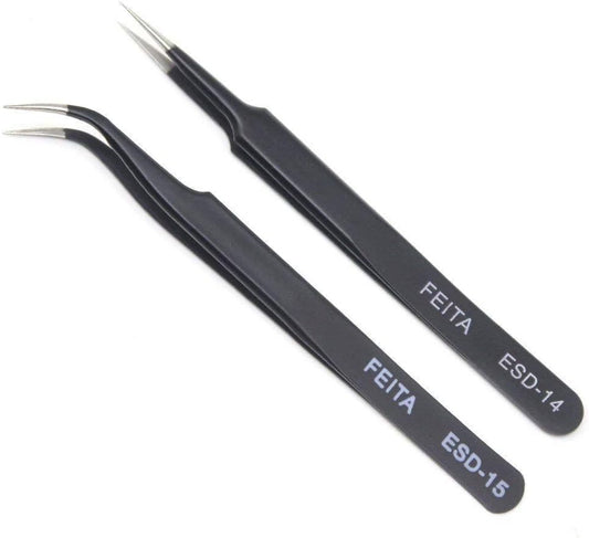 Eyelash Tweezers - FEITA Precision Eyelash Extension Tweezers Set - Professional Straight & Curved Pointed Very Fine Tip Tweezers for Lash Extensions - Black - 2Pcs