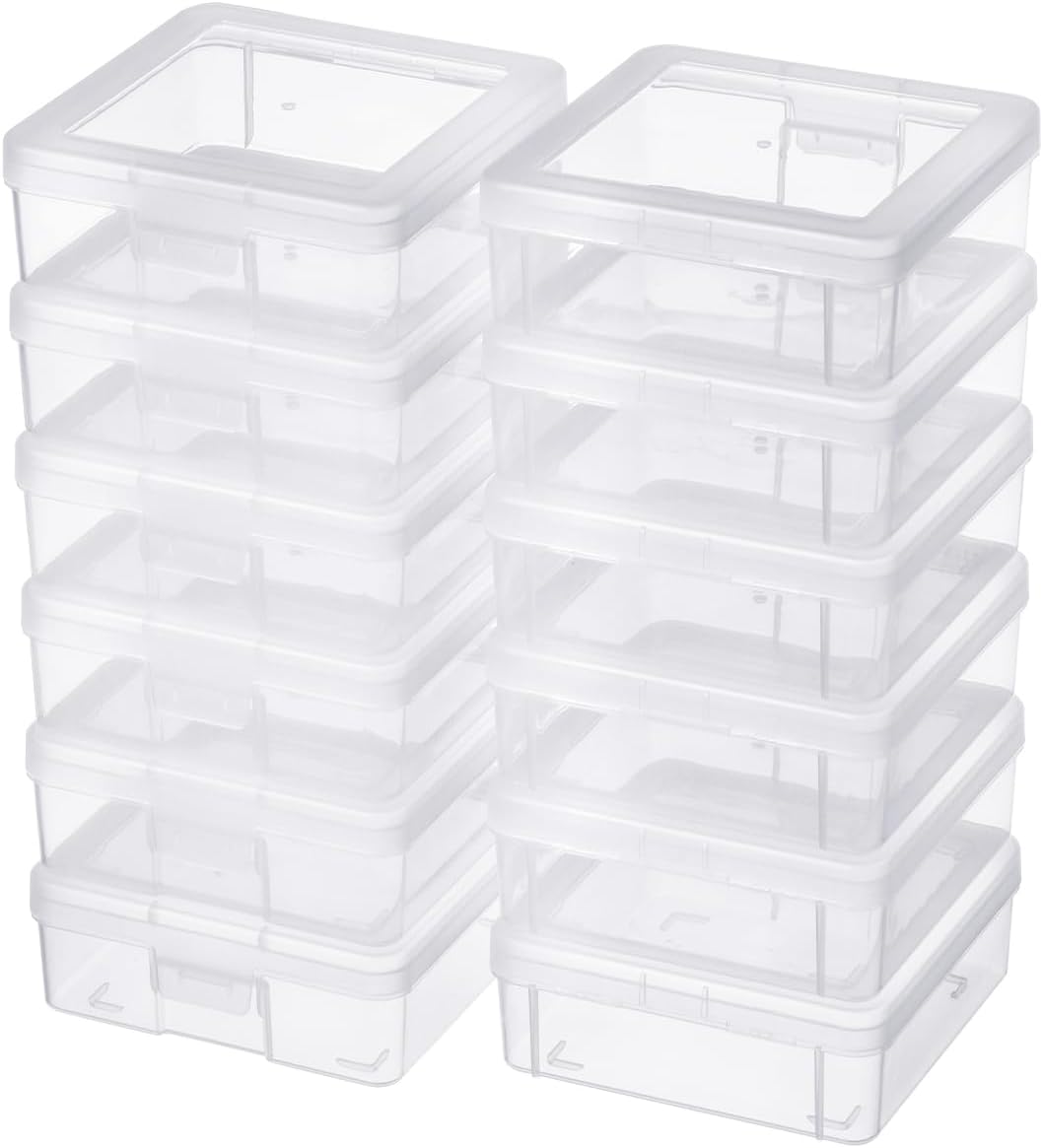 12 Pack Storage Containers with Latching Lid 5" x 5"x 1.9" Small Plastic Clear Stackable Boxes for Office and Beauty