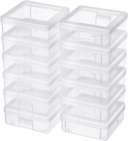12 Pack Storage Containers with Latching Lid 5" x 5"x 1.9" Small Plastic Clear Stackable Boxes for Office and Beauty