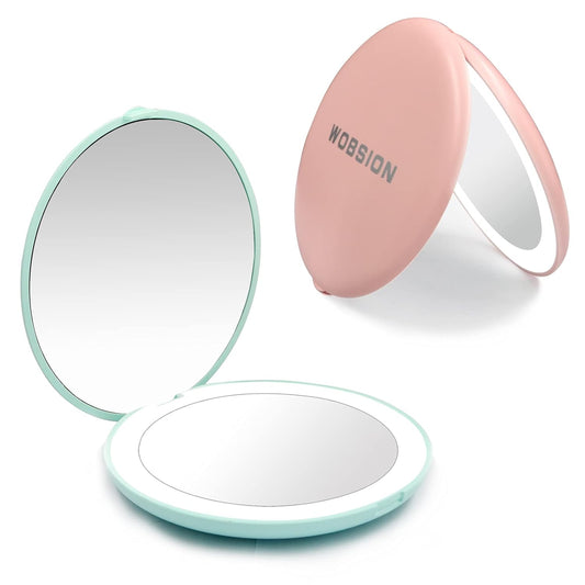 WOBSION Travel Compact Mirror,Portable 1x/10x LED Makeup Mirror with Magnification,Handheld 2-Sided Pocket Mirror, 3.5in Small Mirror for Purse,Handbag,Gift,Cyan&Pink,2 Pack