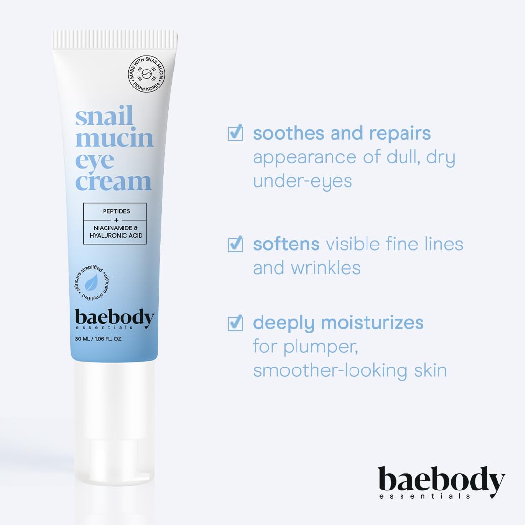 Baebody Snail Mucin Eye Cream (30 ml/1.06 fl oz) - Anti-Aging Eye Cream for Dark Circles and Dry Skin - Snail Mucin Serum with Peptides and Hyaluronic Acid
