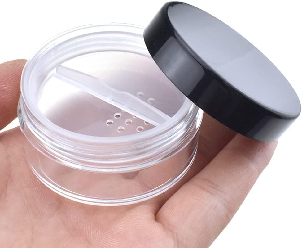 HAHIYO 1Pcs 20ml/0.68oz Plastic Empty Travel Compact Case Makeup Cosmetic Jar Refillable Powder Box No Leak Holder with Rotatable Sifter and Black Screw Lid