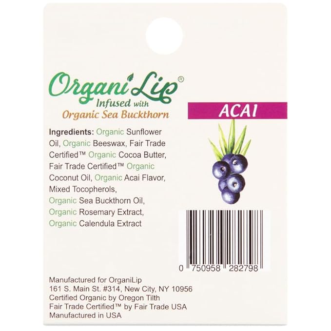 Organic Lip Balm, Acai Flavor, Ultra Hydrating Lip Moisturizer for Cracked or Dry Lips, Infused With Organic Sea Buckthorn, Oval Shaped Tube, USDA Certified Organic, 1 Pack