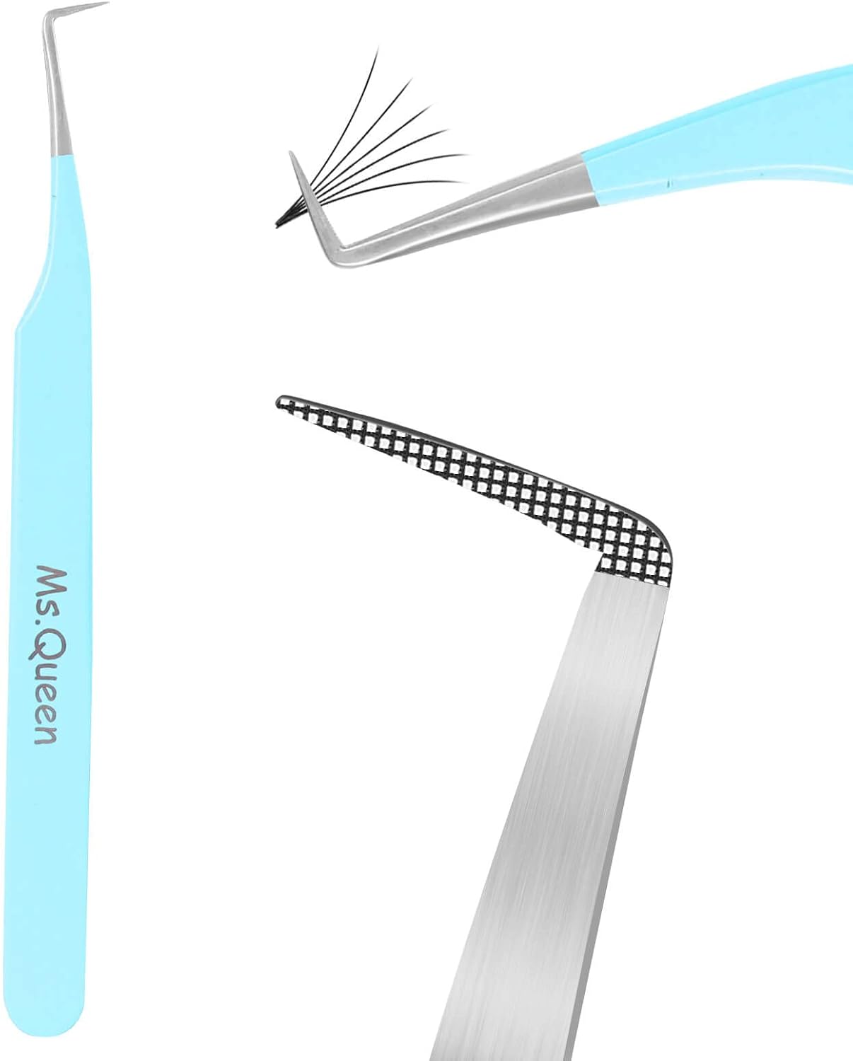 Ms.Queen Lash Tweezers for Eyelash Extensions, Precision Fiber Tip 90 Degree Tweezers for Mega Volume Lashes Extensions, Blue