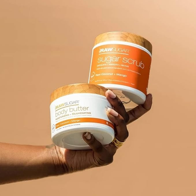 Raw Sugar Nourishing Raw Coconut + Mango Body Love Bundle - Body Wash, Body Scrub, Body Butter & Lip Balm, Clean, Made with Plant-Derived Ingredients, Formulated without Sulfates and Parabens