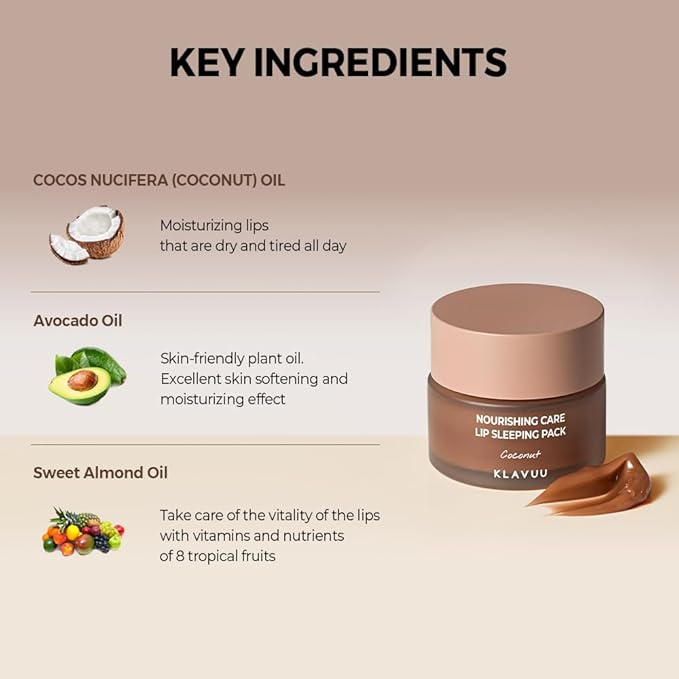 Klavuu Nourishing Care Lip Sleeping Pack (Coconut & Berry) - Overnight Exfoliating & Nourishing Lip Treatment Balm for Dry Lips - Natural Moisturizing Lip Oil with - Lip Balm to Repair & Protect Lips