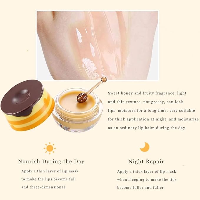 Lip Plumper Lip Mask Set, Bee Balm Lip Balm Honey Pot, Lip Plumper Gloss Lip Injection Honey Moisturizing Lip Sleeping Mask, Hydrating & Prevention Dry and Cracked Lip Scrubs Exfoliator