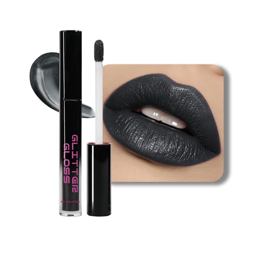 Gray Black Metallic Lipstick for Women,Glitter Sparkling Liquid Lipstick,Long Lasting Waterproof Lightweight Comfortable Non-Drying Bold Dark Lip Gloss for Gothic Stage Makeup,Vegan