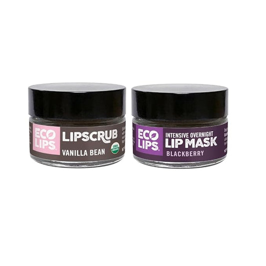 Eco Lips Vanilla Bean Lip Sugar Scrub & Blackberry Intensive Overnight Lip Repair Mask Duo - 100% Organic Lip Care Treatment - Gently Exfoliate, Polish, & Repair Dry, Flaky Lips, 100% Edible