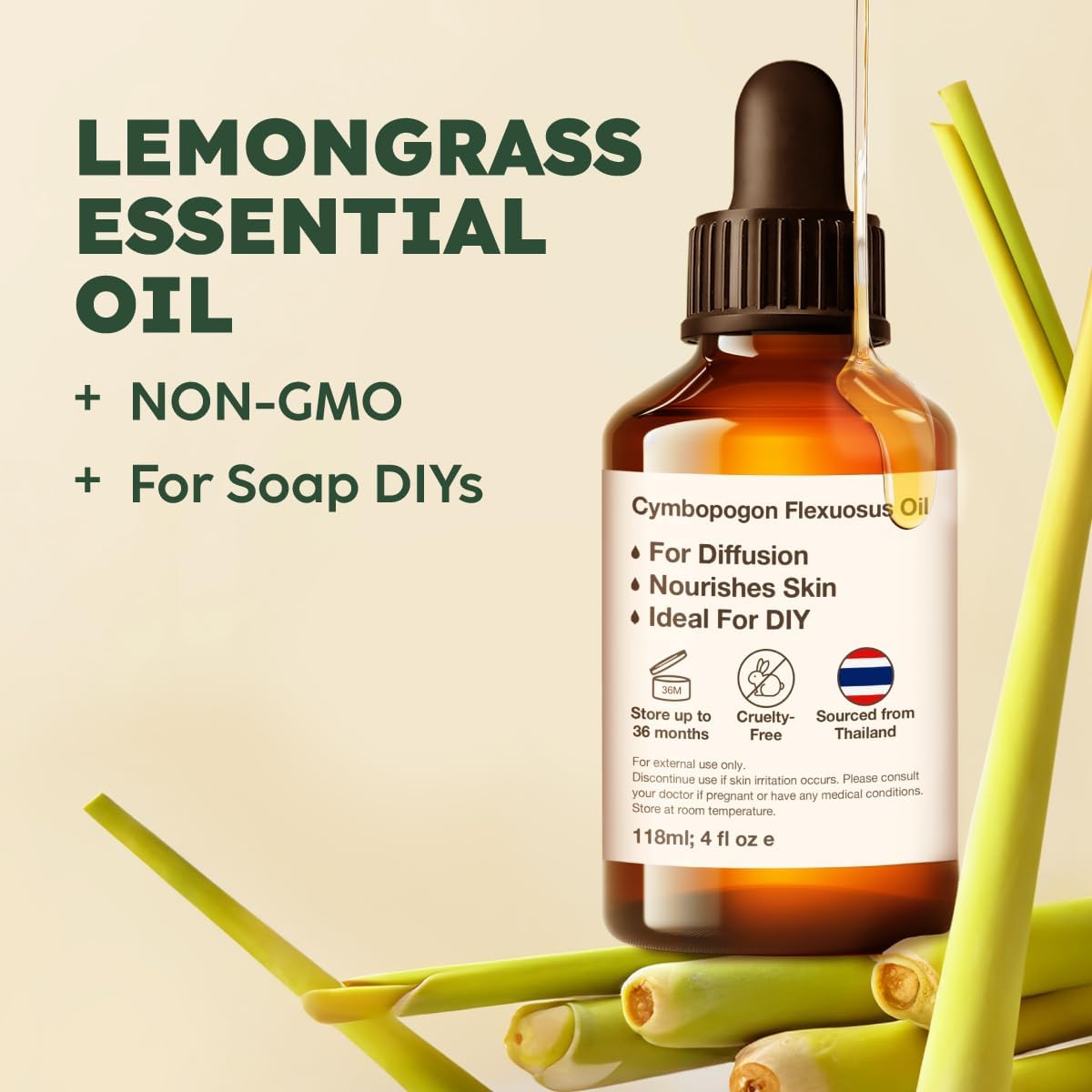 Kukka Lemongrass Essential Oil for Skin, Diffuser & Hair - 4 Fl Oz - Cleansing & Nourishing, Herbaceous Scent for Aromatherapy, DIY Soap Making Scents