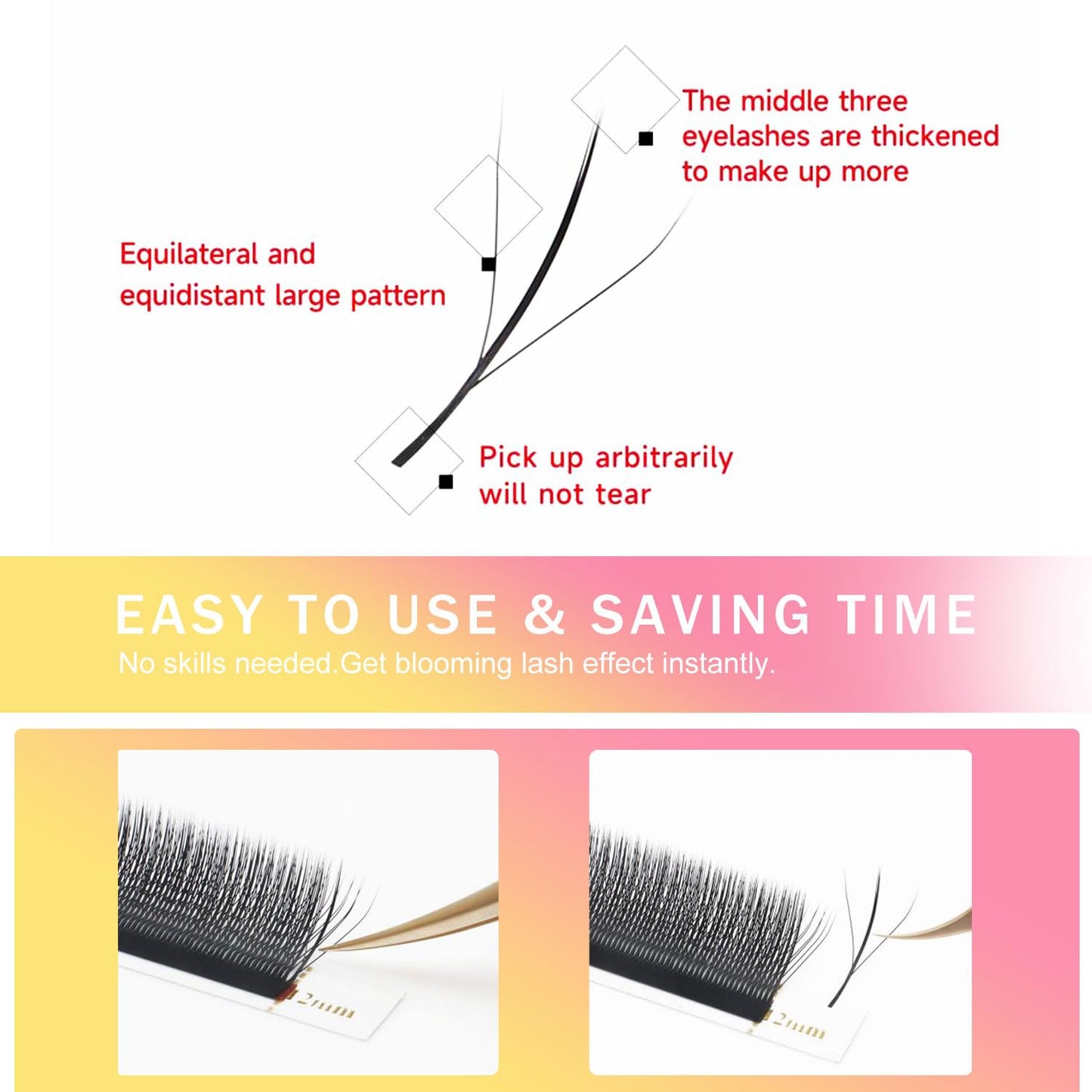 Lash Extensions Three Core Tips 3D Eyelash Extensions W Shape 0.07mm Thickness C Curl Mix 8-15mm Premade Fans Easy Fan Volume Lashes Matte Black Crisscross(W-3D-Three Core-0.07-C,8-15mm Mix)