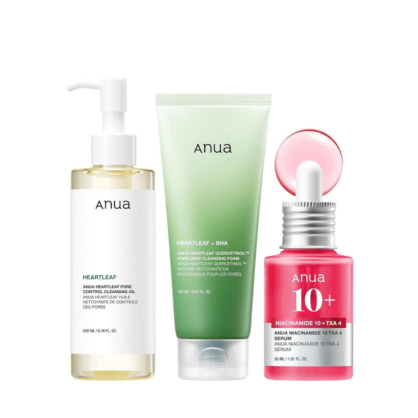 Anua 3-Step Glass Skin Beginner Set, Double Cleansing with Facial Serum, Oil Cleanser & Face Wash with Heartleaf, Daily Routine with Niacinamide, Korean Skincare Set