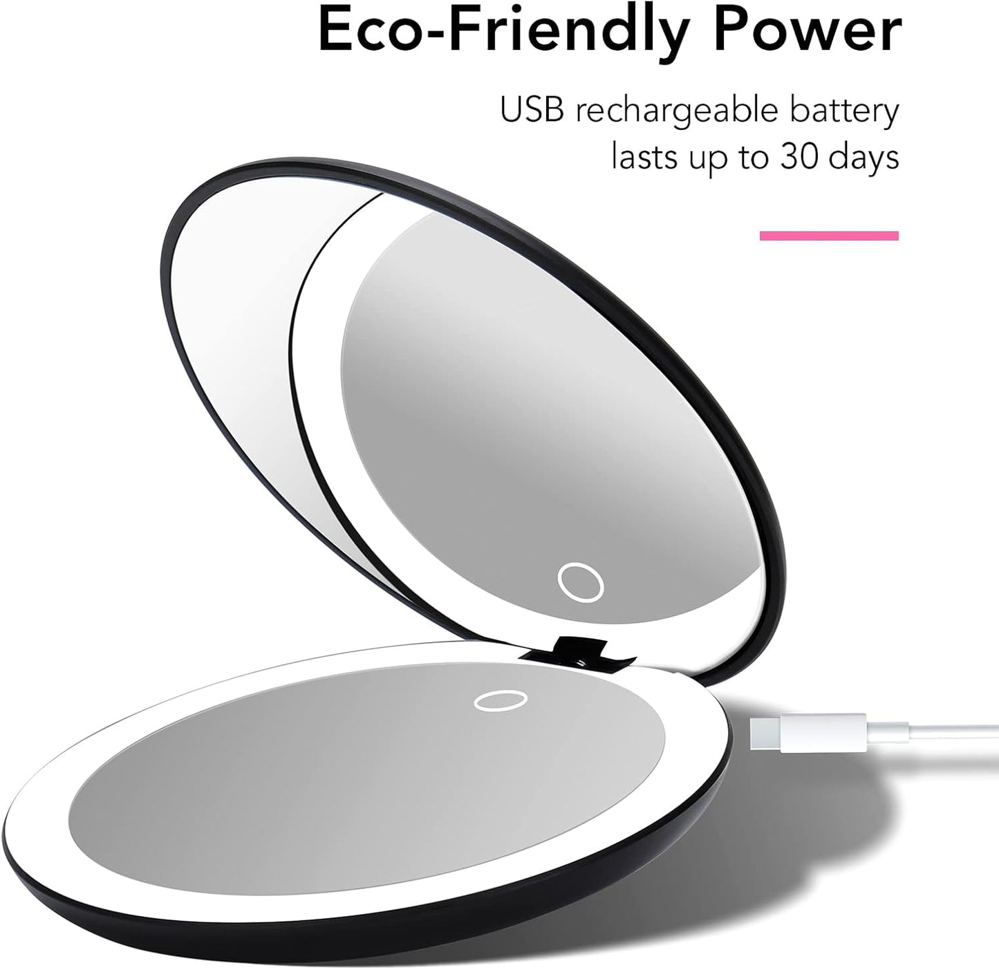 Fancii Taylor LED Lighted Travel Makeup Mirror, Rechargeable with 10x/1x Magnifying & 3 Light Settings - Compact, Portable, Large 5” Wide Hand Mirror for Handbag and Purses (Black)