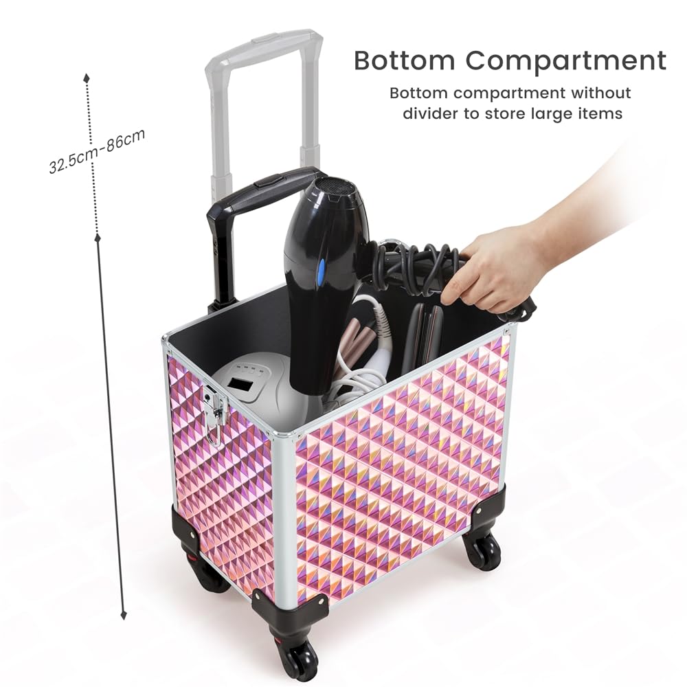 Yaheetech Rolling Makeup Train Case 3 in 1 Cosmetic Case Professional Makeup Suitcase Large Aluminum Cosmetic Trolley with Swivel Wheels and Key, Diamond Pattern- Pink