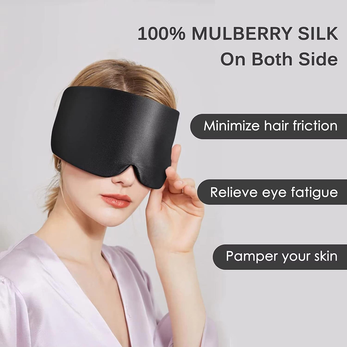 100% Mulberry Silk Sleep Mask, Large Adjustable Eye Cover for Sleeping, Comfortable, Pressure-Free and Breathable Sleeping Masks for Women Men - Black