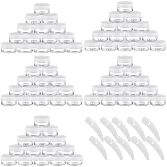 Refillable Cosmetic Sample Jars - 100 Pack 10g (0.35oz) White Small Travel Containers with Lids + 10 Mini Makeup Spatulas - BPA Free