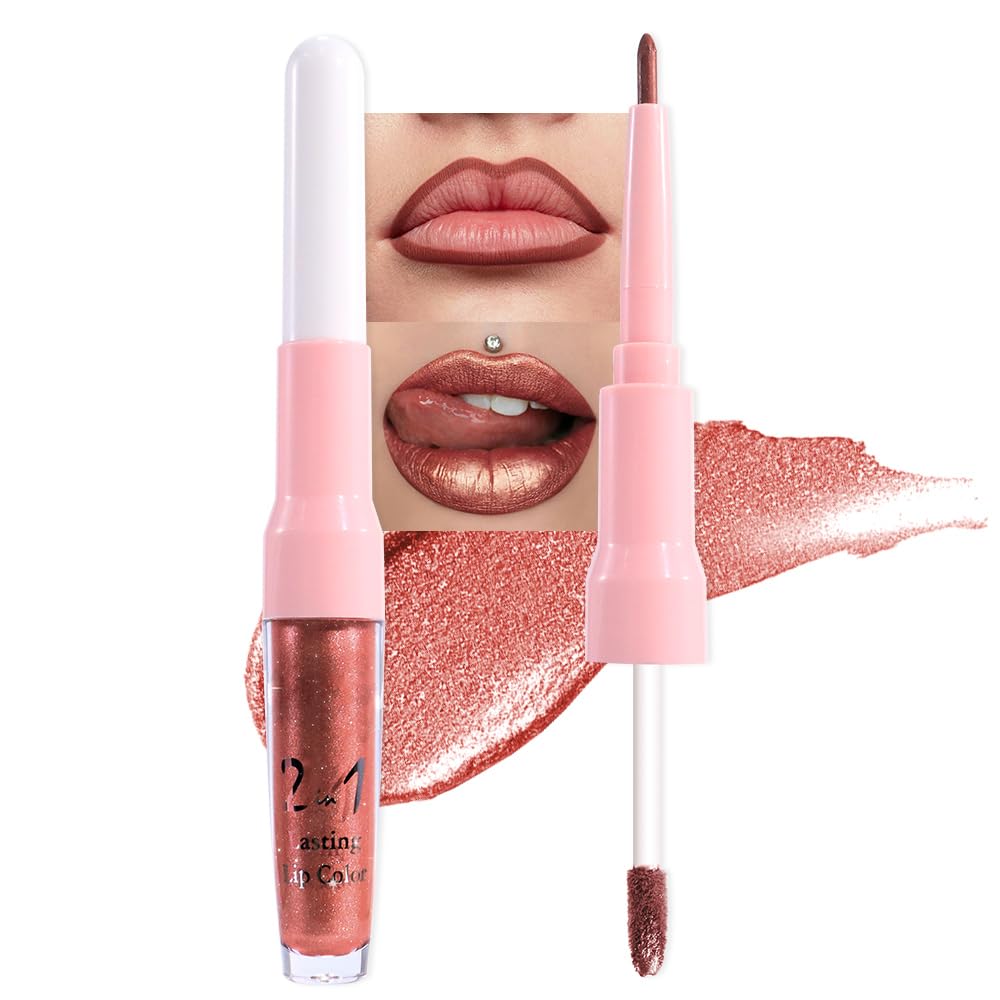 evpct Copper Metallic Glitter Lip Liner and Lipstick Combo Lip Gloss Stain Set Makeup for Women Long Lasting Waterproof 24, Bronze Gold Mocha Metallic Shimmer Frosted Iridescent Glossy Liquid Lipstick