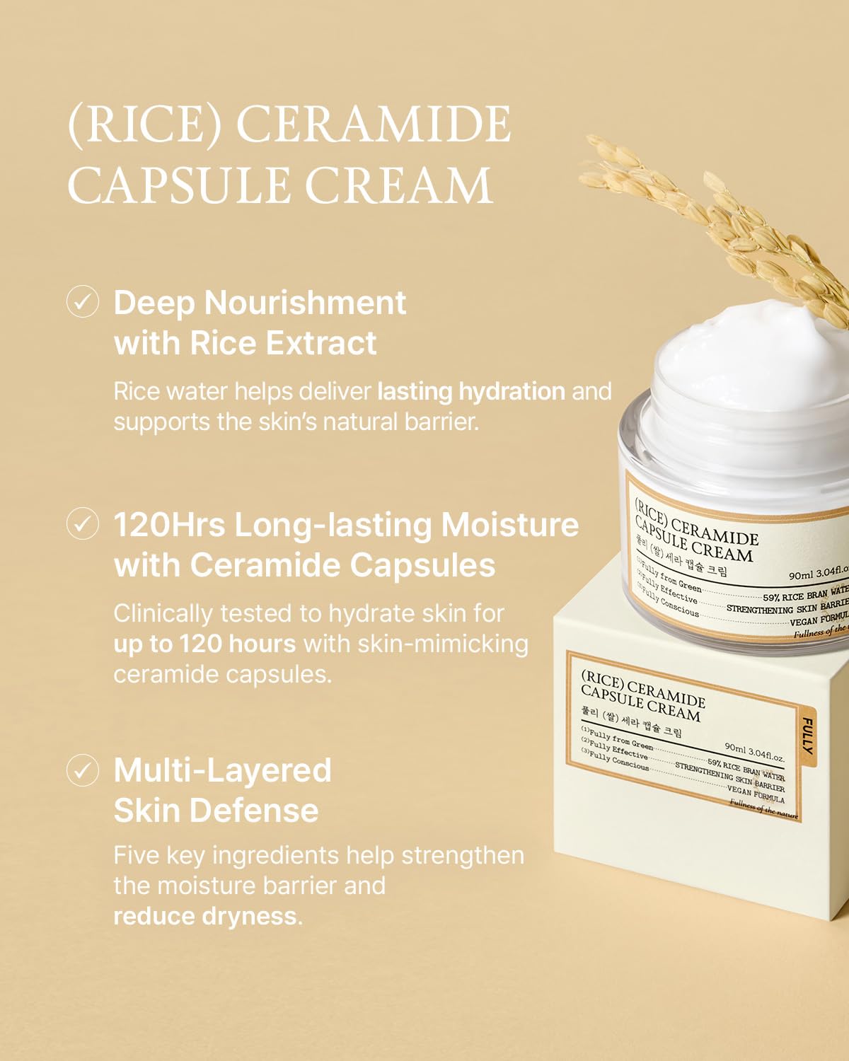 FULLY Rice Ceramide Moisturizing Cream – Deep Hydration Korean Facial Cream with Rice Bran Extract & Ceramide, Strengthens Barrier, Glowing Skin, Fragrance-Free, Vegan& Dermatologist Tested 3.04 fl.oz
