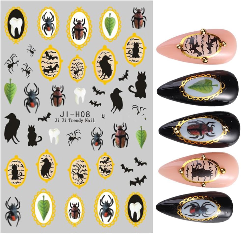 Halloween Nails Stickers Cute Ghost Nails Sticker 3D Embossed Gold Frame Self Adhesive Sticker Nail Decals Black Insects Bat Nail Art Decal Halloween Decals for Nail DIY Manicure 4Sheet