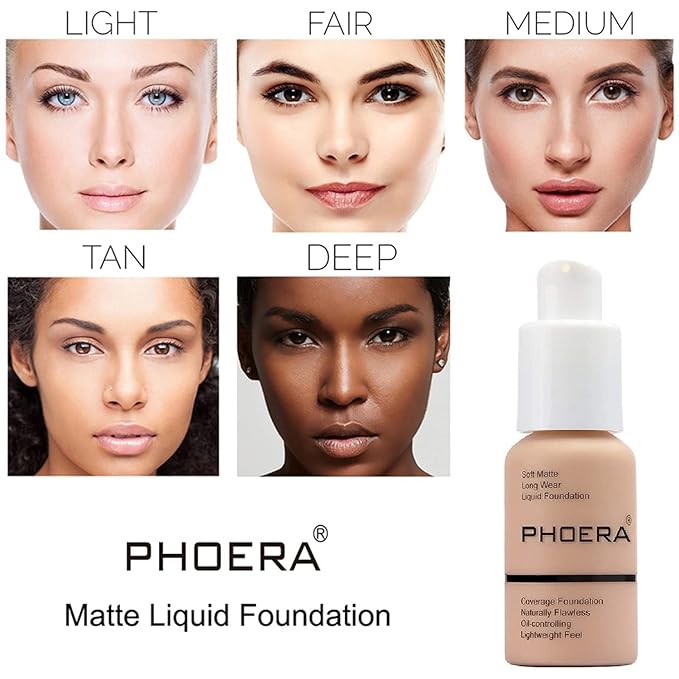 PHOERA Foundation Makeup for Wome Full Coverage Foundation Set,Face Primer Foundation Brush Powder Brush,5 Makeup Sponge,30ml PHOERA 24HR Matte Oil Control Concealer (111 Chestnut)