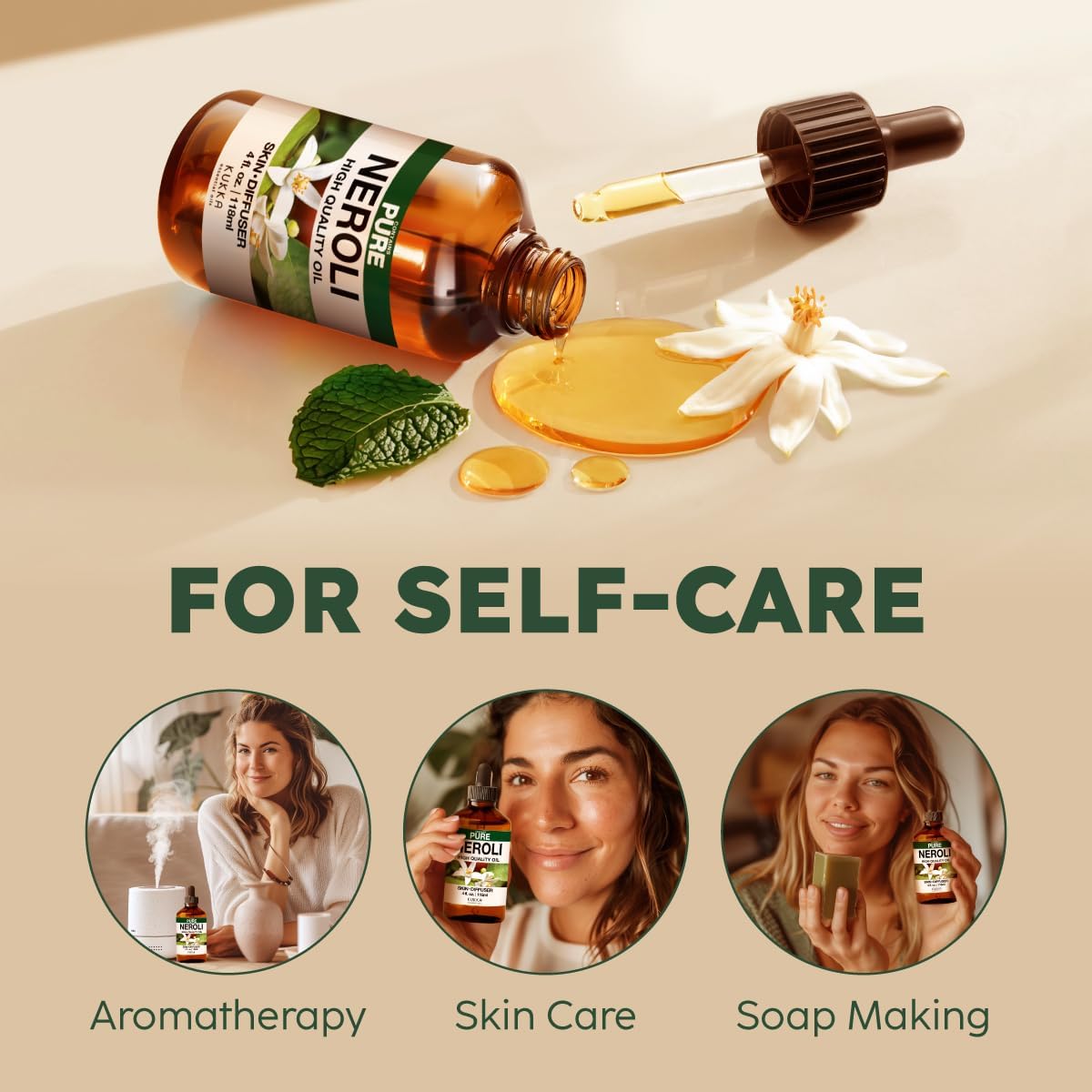 Kukka Neroli Essential Oil for Diffuser Skin - 4 Fl Oz - Neroli Oil, Floral Scent, for Aromatherapy, Candle, Bath Bomb, DIY Soap Making Scents