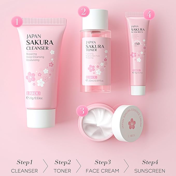 Sakura Travel Skincare Set for Teenage Girls - Face Routine Set for Women,4 Piece Gentle Skin Cleaning & Care Travel Size Kit With Cleanser, Toner, sunscreen and Face Cream