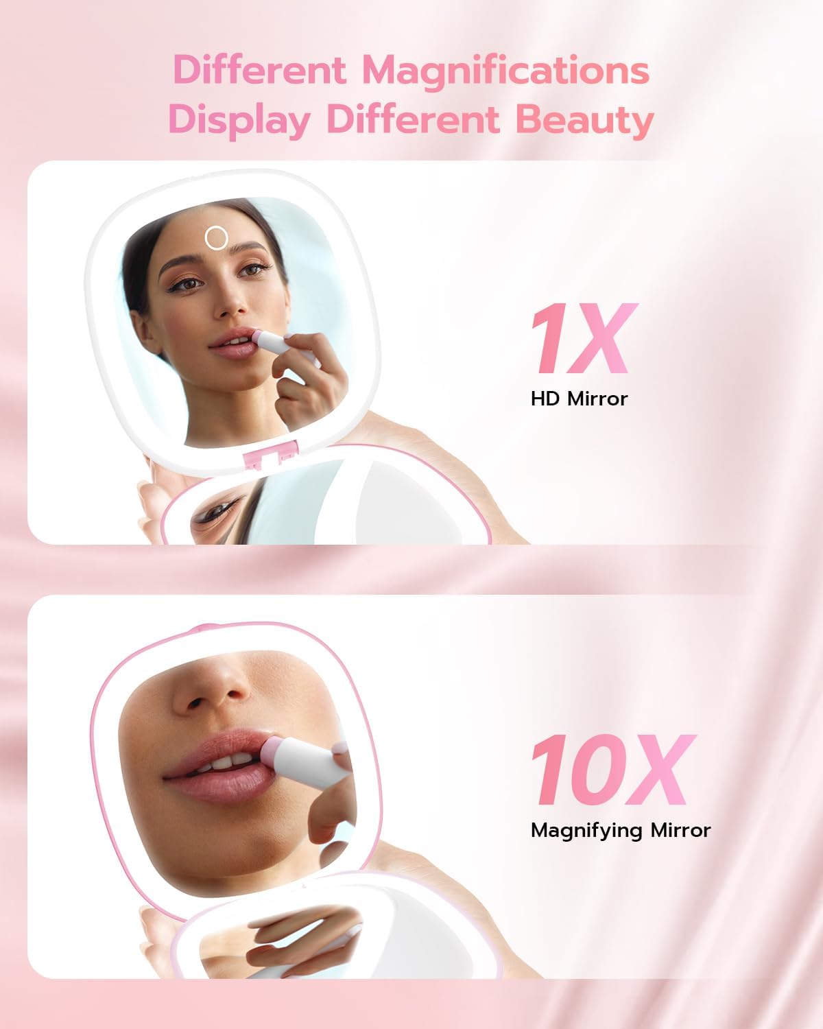 Benbilry 3.9" Rechargeable Compact Makeup Mirror with 3 Light Colors and Magnification 1X / 10X, Double Light Strip Dimmable Small LED Travel Mirror for Purse, Pink