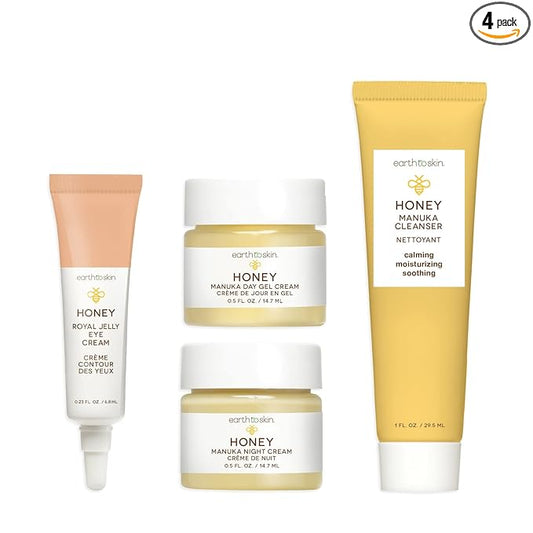 Earth To Skin Facial Care Starter Set: Manuka Honey Cleanser (1.0 Fl Oz), Day Gel Cream (0.5 Fl Oz), Night Cream (0.5 Fl Oz), and Royel Jelly Eye Cream (0.23 Fl Oz)