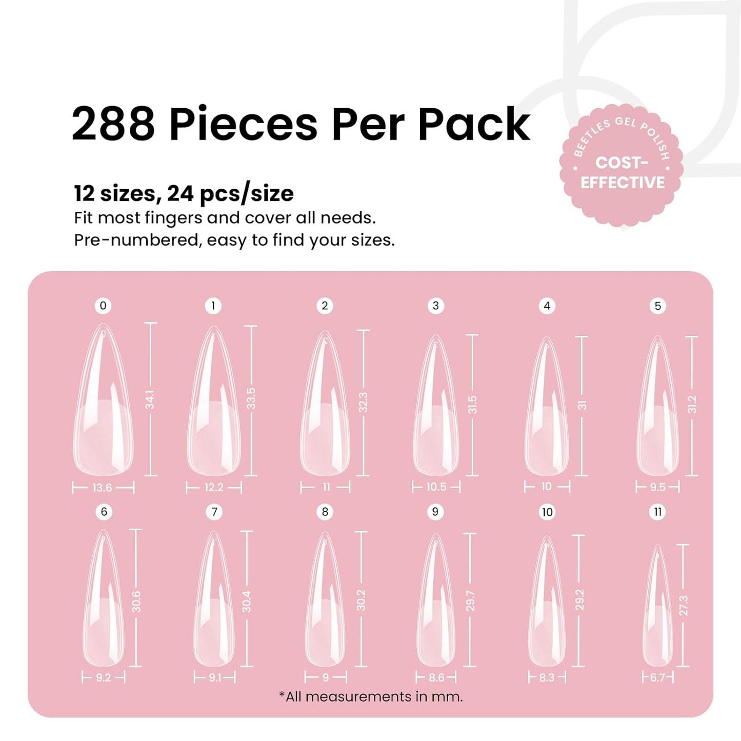 Beetles Gel Nail Tips Etch-X, Stiletto Medium, 288Pcs 12 Sizes, Pre-Etched Half Matte Full Cover Soft Acrylic False Nail Tips Pre-Shaped Easy DIY Fall Halloween Nail Extension Salon Gift for Women
