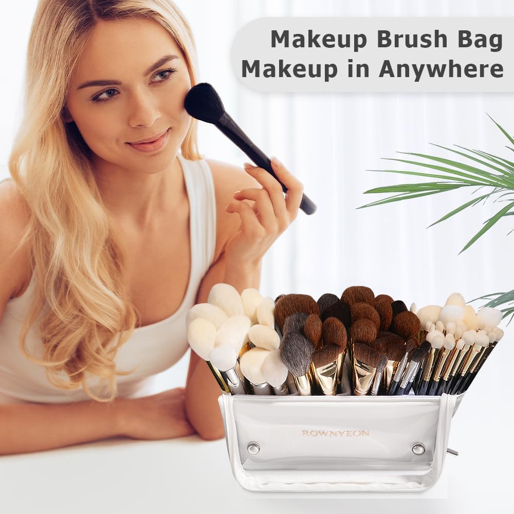 ROWNYEON Makeup Brush Bag, High Capacity Stand-Up Makeup Brush Holder, Travel Professional Cosmetic Bag Artist Organizer Bag Large Makeup Brush Case with Adjustable Divider (Brushes Not included)