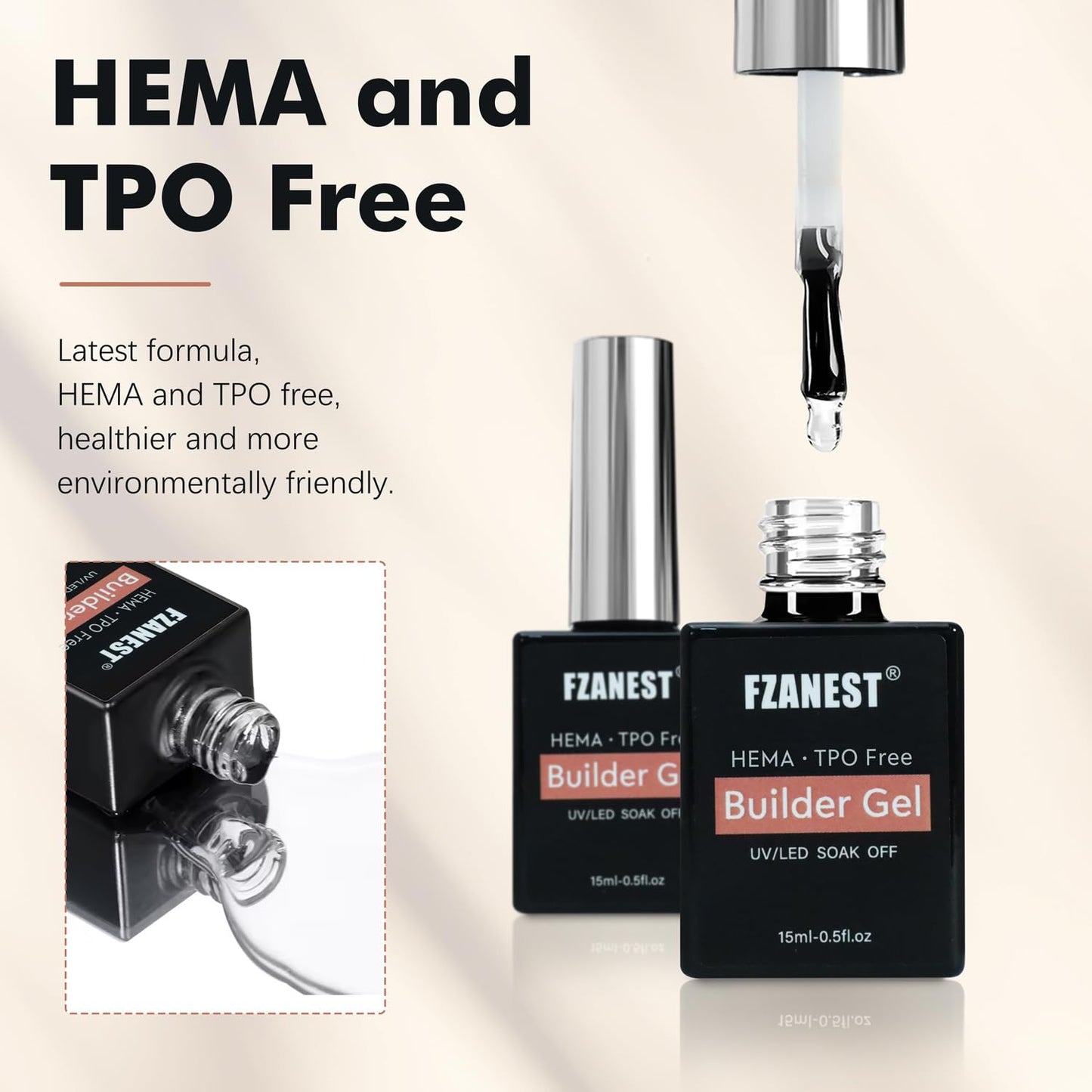 FZANEST Builder Nail Gel Hema & TPO-Free 15ml *2 pcs Clear Hard Gel Extension For Nails Thickening Strengthener Brush on Builder Bottle Soak Off UV Holiday Nail Art Design for Girls