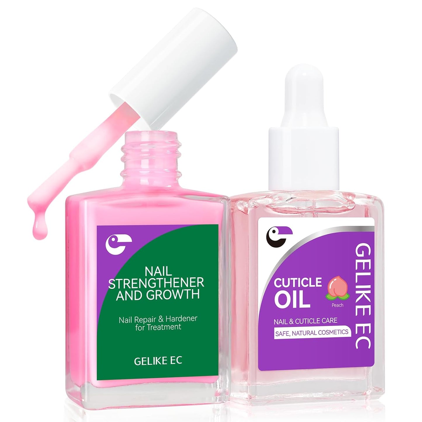 Gelike EC Nail Care Gift Set: Pink Fingernail Strengthener & Peach Cuticle Oil 15ml - Cute & Fruity Manicure Set for Thin Peeling Nails - Women Mom Girlfriend Teens Girls Favorite