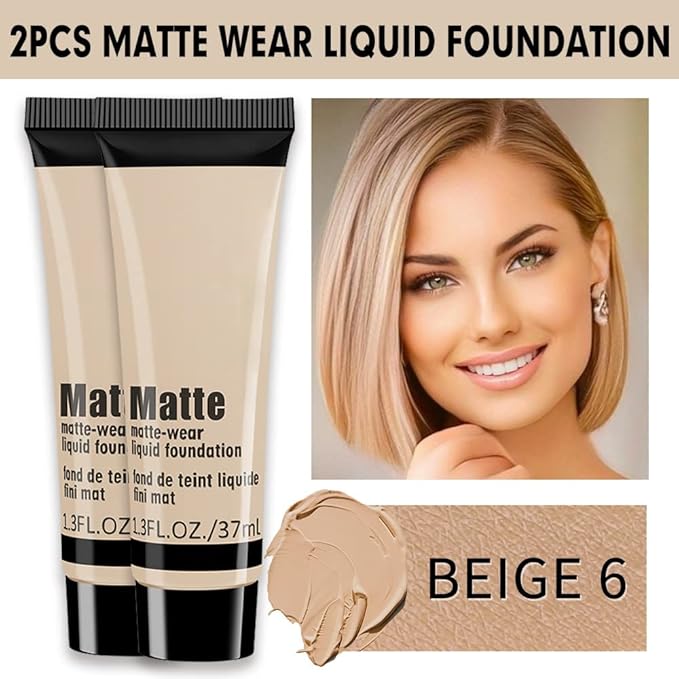 2 Pack Liquid Foundation Cream for Face Makeup,Durable Full Coverage Matte Concealer Make Up,Oil Control & Waterproof Base Primer -1+1 Fl.Oz-BEIGE 6#