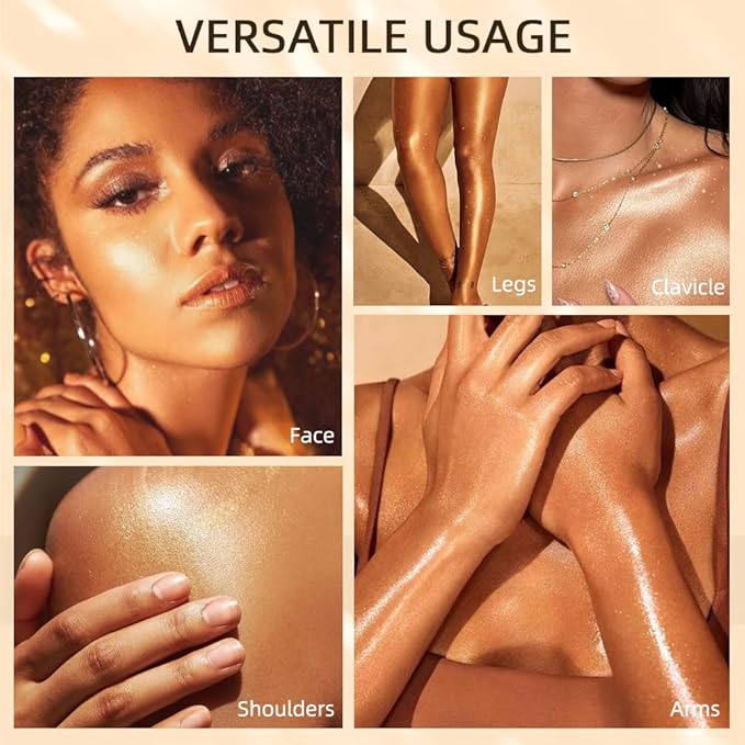 40ml Body Shimmer Oil,Face and Body Liquid Luminizer,Smooth Body Shimmer Oil For Sunshine Bath, Waterproof Moisturizing Light Shimmer Glow Illuminator,Liquid Highlighter Makeup,Makeup Brush Include (5#-Gold)