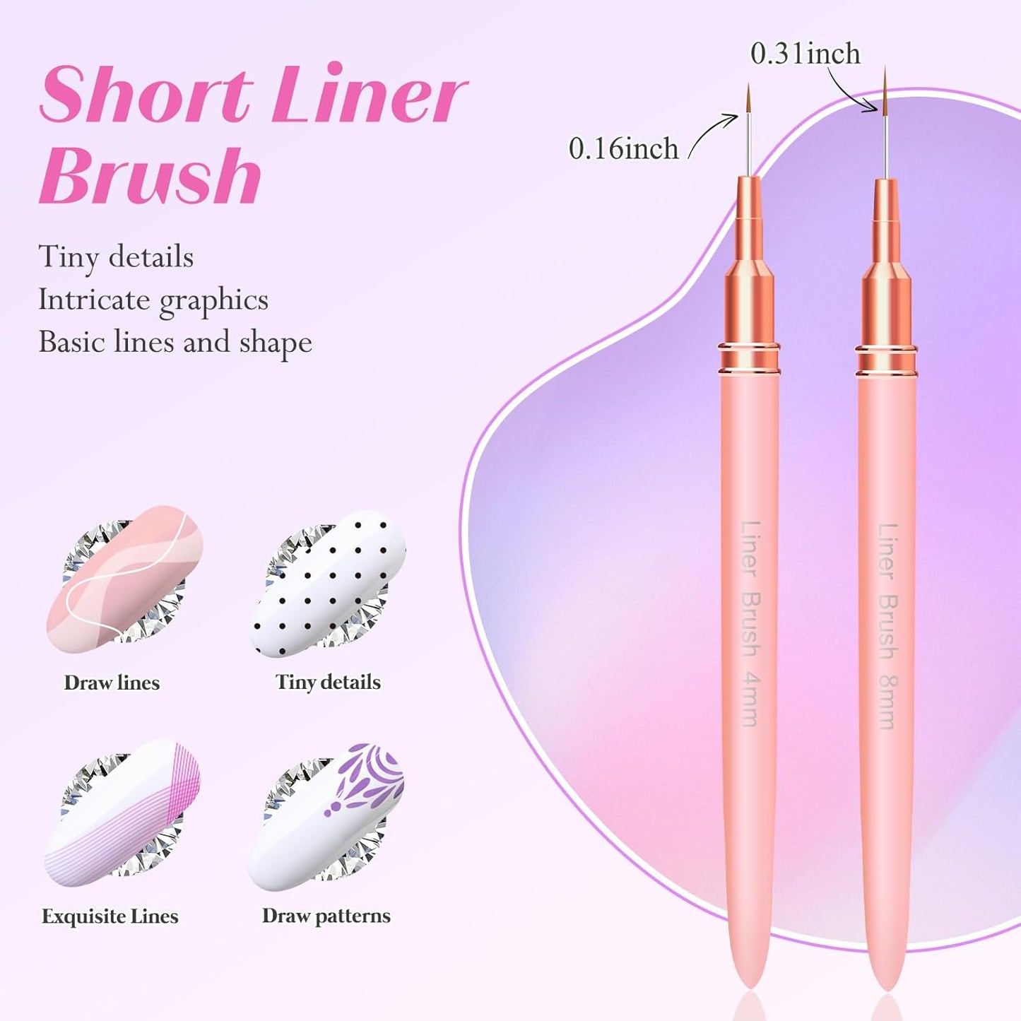 Liner Brush for Nails, 5Pcs Thin Nail Art Brushes Professional Nail Detail Brush for Gel Polish Sizes 4/8/12/20/25mm (Pink)