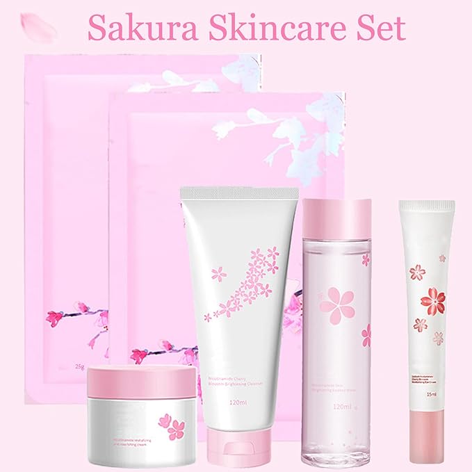 6Pcs Amino Acid Skin Care Products Set, Sakura Skin Care Sets, Nicotinamide Skin Care Gift Set for Women Girls, Skincare Routine Set, Face Care Kit with Cleanser, Mask, Toner, Eye Cream, Moisturizer