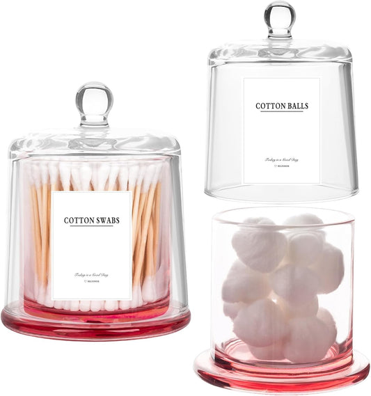 rejomiik 2 Pack Qtip Holder Thick Glass Apothecary Jars with Lid for Bathroom Accessories Vanity Organizers and Makeup Storage for Cotton Ball, Swabs, Makeup Sponges, Candy, Jewelry, Pink